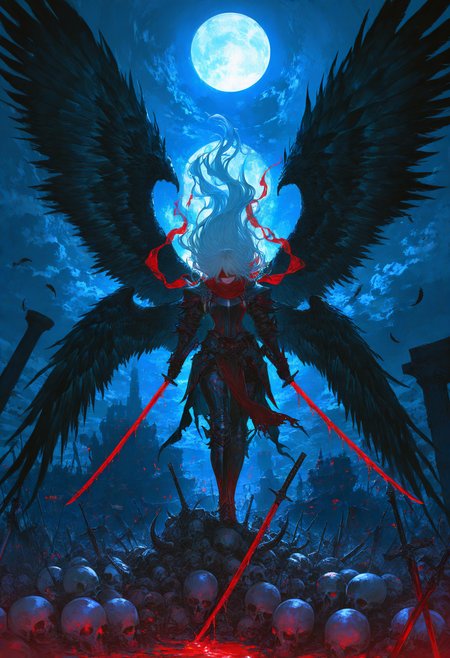Dynamic illustration, full body, blindfolded swordsman with white hair, long flowing wild hair, wielding a katana up with dripping blood, double wings, giant wings, feathers falling, moonlight, big moon, battlefield, pile skulls, dark fantasy, dramatic lighting, highly detailed armor, flowing red scarf, art by Yoshitaka Amano and Ayami Kojima, intricate details, masterpiece, best quality, absurdres, very aesthetic, very awa, newest, 748cmstyle, usnr, gbf_style, <lora:add-detail-xl:1>, <lora:745cmSDXLvpred75S:0.8>, <lora:USNR STYLE_XL_loha:0.5>, <lora:GBF_Illustrious:0.5>, <lora:spo_sdxl_10ep_4k-data_lora_webui:0.6>