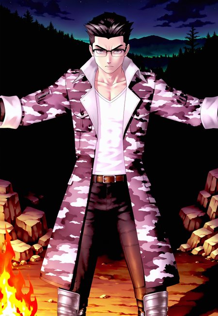 masterpiece, best quality, amazing quality, very aesthetic, absurdres, newest, chaoshsmtilxl standing behind a campfire, raising arms, male focus, black hair, raised hair, hair slicked back, widow's peak, white shirt, gray camouflage coat, black eyes, black pants, greaves, glasses, belt, camouflaged sleeves, night, dark, (((ruined city backdrop))), dramatic, looking at viewer, camp fire, serious, (((adult))), ((tall)), toned male
