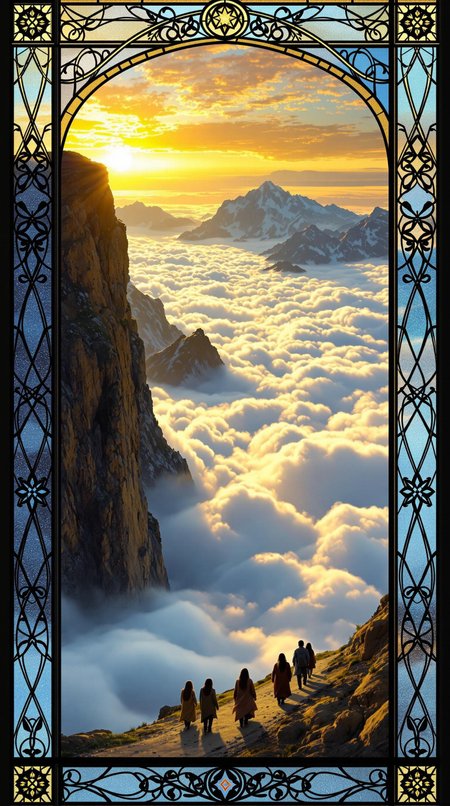 View from the top of a mountain overlooking a sea of clouds at daybreak.  A cliff drops down into the clouds on the left, and the sea of clouds is on the right. 
On the left, the sun is rising over a mountain ridge in the distance, casting beams of light over the clouds.
At the bottom of the image and very small relative to the mountains, Five men with long, straight, dark hair, are traveling on a road that leads down beneath the clouds.
Image border is an ornate stained-glass window that matches the color of the image.