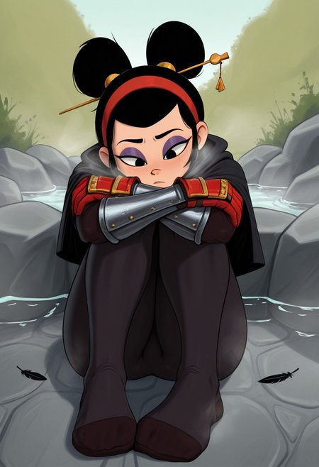 baraag,  outdoors, undershirt, falling feathers, black bodysuit, hair stick, hugging knees, knees to chest, gauntlets, eyeshadow, red gloves, two sides up, black capelet, red hairband, black eyes, 1girl, solo, feet, visible breath, dynamic angle, foreshortening, smell, steam, onsen, water