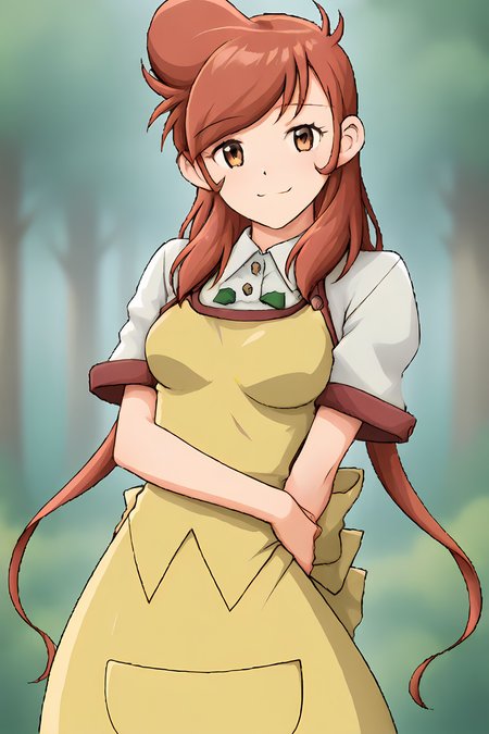 (yellow apron:1.50), cra-melissa, red hair, brown eyes, long hair, big hair, swept bang, 
medium breasts, 1girl, solo, skinny, (source_anime, score_9, score_8_up, score_8, score_7_up), score_7, score_6_up, score_6, score_5_up, score_5, 
(light smile:1.30),
(0.1:outdoors forest:1.10),
(straight-on:1.20), (:1.20),
<lora:cra-melissa-V02-000002:1.00>