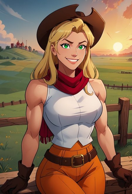 4K, masterpiece,full body portrait,flat colors,vibrant colors, t00nstyl3, single female, cowgirl, leaning against fence, flirting, crossed legs,highly detailed gorgeous face, large breasts,long hair,blonde hair,sensual smile,confident,green eyes,highly detailed eyes, muscular,
sleeveless turtleneck,white crop top, white cowboy hat,red scarf around neck, leather gloves,belt,orange pants, bare arms, bare midriff, bare shoulders
wheat field, sunrise, summer