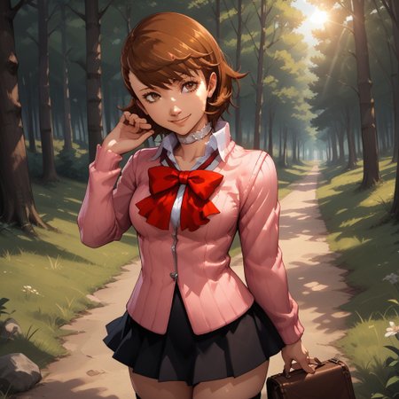 score_9, score_8, BREAK, solo, Yukari_Takeba_(Persona_3), brown hair, white heart choker, pink striped jacket, red bow tie, short black skirt, knee highs, black socks, brown shoes, self portrait, smile, looking at viewer, outdoors, sunlight, shadows, evening lighting, natural lighting, forest, trees, grass, orange sky, sunset