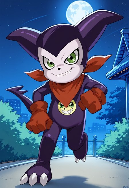 score_9, score_8_up, score_7_up, highly detailed, CuteCartoonStyle, cute boy, digimon (creature), solo, purple skin, green eyes, red bandana, red gloves, tail,  at night, full moon, running, motion blur, smug smile, park