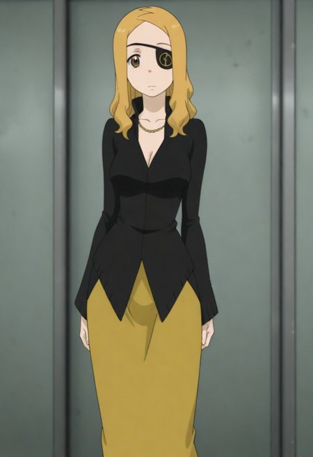 masterpiece, best quality, amazing quality, 1girl, solo,,, shiny skin,,,<lora:Marie_Mjolnir:1>mmjolnir, blonde hair, long hair, brown eyes, right eyepatch,, cleavage, necklace, black dress , gold skirt, long skirt, long sleeves, jewelry,