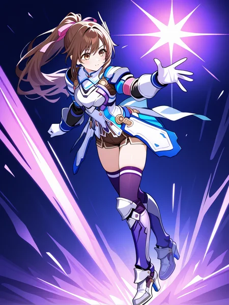 perfect quality,best quality,absolutely eye-catching,ambient occlusion,raytracing BREAK
1girl,<lora:reimi IL v1.2:0.7>,reimi,ponytail,brown hair,brown eyes,hair ornament,pink ribbon,armored dress,long sleeves,white gloves,shorts,purple thighhighs,purple greaves,white high heels,