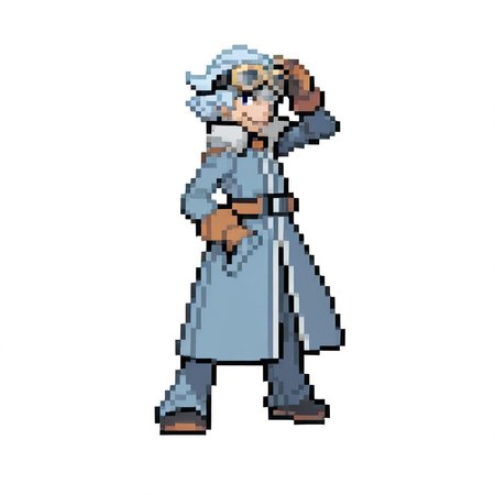 1boy, 
full body, 
light blue hair, coat, goggles, gloves, blue eyes, smirk