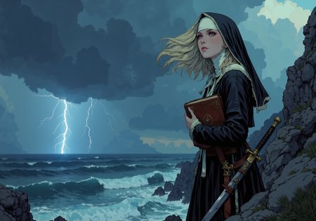 in the style of cksc,, A blonde-haired nun, her habit pristine and unruffled, stands atop a rocky cliffside overlooking the stormy ocean below. Her blue eyes are fierce, glowing with an inner light, and the wind whips her veil around her face as she stares into the horizon. Her right hand rests on a worn leather-bound prayer book, while her left hand grips the hilt of a gleaming sword strapped to her side. Lightning cracks in the distance, casting her in stark relief against the dark sky, as she prepares to confront the darkness she knows is rising from the deep waters below.<lora:ck-shadow-circuit-000021.safetensors:1.0:1.0>