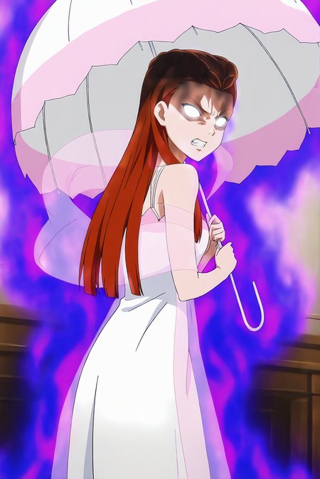 anime screencap,anime coloring,detailed face,masterpiece,best quality,very aesthetic,absurdres,amazing quality,ultra detailed,highres,amazing quality,scenery,beautiful detailed hair,beautiful detailed eyes,official anime artwork,Melissa Foster,1girl,solo,long hair,umbrella,dress,brown hair,holding umbrella,<lora:Melissa Foster-IL V1:1>,red hair,transparent shawl,glowing eyes,angry,clenched teeth,looking back,aura,no pupils,
