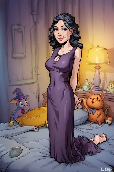 witch 1girl, plump<lora:LDP_1.5:0.8>l0r4d0p0rn,rating_safe,bed, lamp, tight clothes , barefoot, on bed, arms behind back looking at viewer, nervous smile, 1girl, <lora:g0th1c2XLP:0.4> <lora:Witch_Trainer-000007:1>