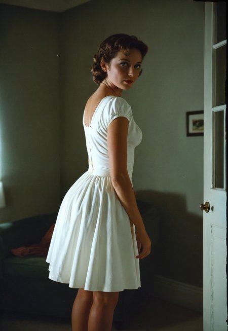 50s movie, film still, 30 years old girl, wearing white dress, standing in a dark room, natural lighting, Eastman Color Negative film, vintage, grainy, 35mm film, iso 100, f/2.8, cinematic, 85mm focal length, (sharp details, high quality, 4k, intricate details, highly-detailed, high budget)