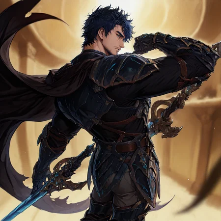 <lora:Neville__Alchemist_Code:1> tagatameneville, neville_blue hair, neville_grey eyes, 1boy, short hair, solo, male focus, manly, bara, muscular male, cape, armor, black shirt, belt, gauntlets, pants, armored boots,
<lora:pose_perspective:1>  perspective, blurry background, blurry foreground, {fisheye|profile, semi-profile|from above|from below}, ((cowboy shot)), 
(very short hair), male focus, muscular male, bara, mature, (glossy skin, bara, mature, facial hair,), facial hair, bara, mature,  aixiwuganda_(20222192), very awa, masterpiece, best quality, absurdres, newest, perfect quality, detailed background, intricate details,<lora:slider_Body Type_alpha1.0_rank4_noxattn_last:1><lora:Anime Summer Days 2 Style SDXL_LoRA_Pony Diffusion V6 XL:.6> <lora:slider_cfg_scale_boost:.7><lora:Artist6p:.55>, Artist6p, Artist04p,<lora:slider_il_brightness_slider_d1:-.5><lora:slider_il_contrast_slider_d1:-.5>,<lora:slider_contract_controller_illus01_v1:.3>,<lora:slider_DarkSlider1.2_alpha1.0_rank16_full_300steps:-.3><lora:Heavenly_Beauty_r1:1>, (heavenlybeauty,)<lora:slider_style_strength_controller_illus01_v1:.25>