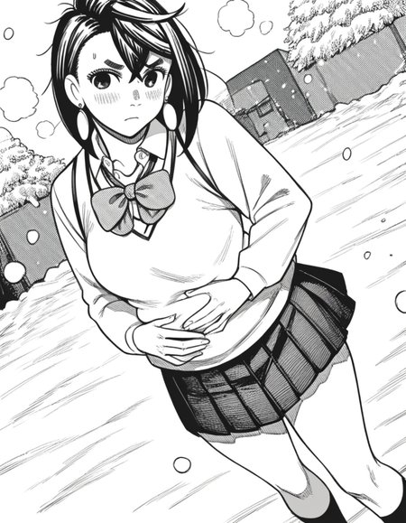 score_9, score_8_up, score_7_up, source_anime, <lora:momo-ayase-manga-ponyxl-lora-nochekaiser:1>, momo ayase, short hair, bangs, thick eyebrows, monochrome, greyscale, medium breasts,, skirt, school uniform, pleated skirt, shoes, socks, loafers, sweater vest, shirt, white shirt, collared shirt, earrings,, snow day, winter clothes, snowball fight, laughter, cold breath, white landscape, , hand on stomach, blush,, looking at viewer, solo,, dutch angle, cowboy shot