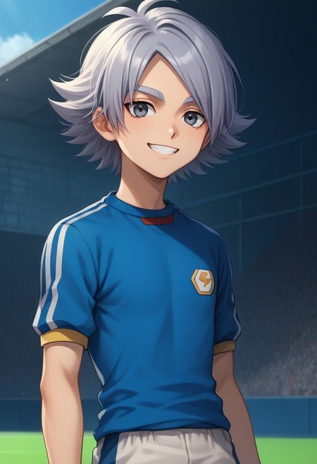 score_9, score_8_up, score_7_up, source_anime, highly detailed, 
fubuki, 1boy, male focus, solo, grey hair, grey eyes, sportwear, soccer uniform, inazuma japan soccer uniform, shirt, light blue shirt, short sleeves, shorts, grey shorts,upper body, smile, slender, skinny
outdoor,
