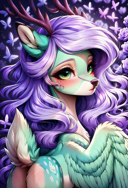 score_9, score_8_up, score_7_up, score_6_up, score_5_up, score_4_up, my little pony, ((feral deer)), (LAVENDER TEA_OC), 1girl, ((solo)), (sexy), (beautifully detailed long light purple hair:1.5), (pale green eyes:1.0), (detailed long eyelashes), (detailed light green fur with spots:1.5), detailed shiny hooves, ((shy expression)), (beautiful eyelashes), (light purple floral background:1.8), (light purple butterflies:1.5), (deer antlers:1.5), (purple rose all around), light purple butterflies everywhere, (deer face:1.5), (skinny deer:1.5), (fluffy tail), (back view), skinny butt:1.5, (butt focus)