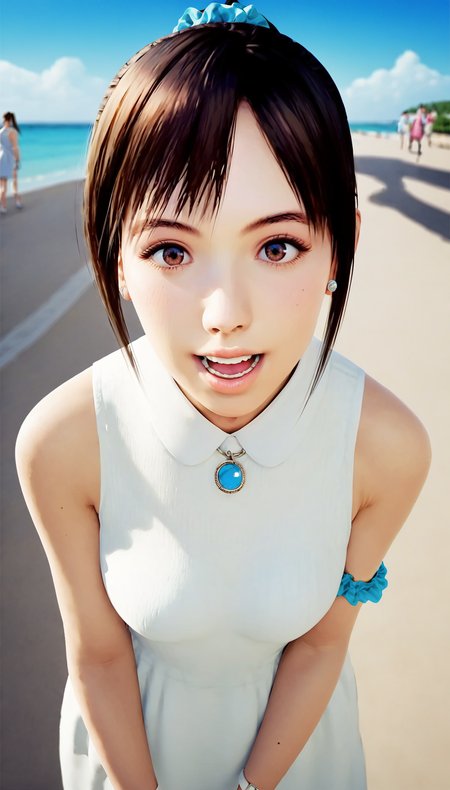 score_9,score_8_up,score_7_up,
<lora:miiyamotoHikari:0.9>,miiyamotohikari,1girl,solo,
vignetting,blurry background,
realistic,black hair,ponytail,bangs,scrunchie,blue scrunchie,
brown eyes,
dress,white dress,collar,white collar,watch,
looking at viewer, happy, teeth, open mouth, lips
medium breasts, upper body, portrait, face focus,  
outdoors,sea,street,