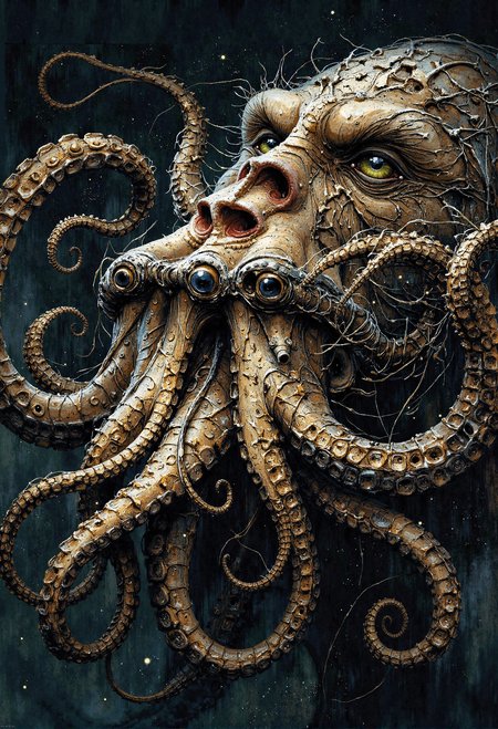 digital art. abstract portrait hybrid monkey with octopus tentacle as mouth. <lora:FluxMythP0rtr4itStyle.safetensors:0.7>,  <lora:Warhammer_Rogue_Trader_Style_flux-000021.safetensors:0.75>,  <lora:Movie_Portrait.safetensors:0.5>,  <lora:- Flux1 - soothing_atmo_V2.0.safetensors:0.2>,  <lora:lith_mimosa_kiel_grw134_FLUX.safetensors:0.4>,  <lora:paintart-style-006-v1-0-flux.safetensors:0.5>,