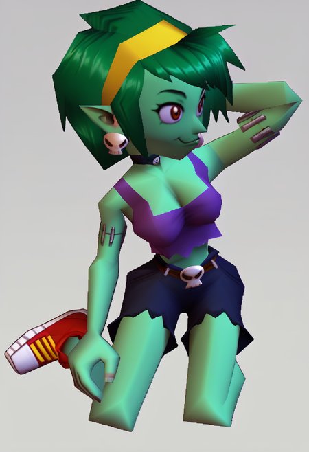 score_9, score_8_up, score_7_up, source_anime, BREAK 1girl, kneeling, arm behind head, <lora:zs_N64ZeldaStyleXL:1> n64zeldastyle, 3d, polygonal, white background, full body,<lora:rottytops-pdxl-nvwls-v1:1> rottytops, green hair, colored skin, stitches, yellow hairband, skull earrings, choker, purple tank top, midriff, cleavage, belt, shorts, sneakers