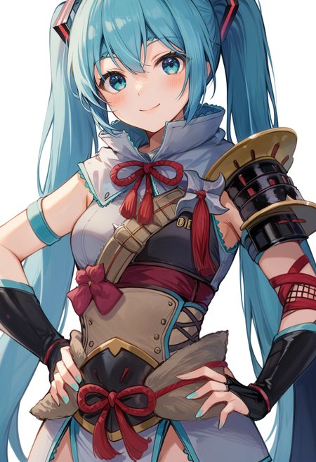 (score_9:0.9),score_8_up,score_7_up,rating_safe,(zPDXL),<lora:kamura armor ponyXL v1:0.76>,1girl,solo,looking at viewer,blue gauntlets,white background,simple background,blush,black shoulder armor,closed mouth,kamura armor,blue scarf,blue headband,cosplay,hand on own hip,hatsune miku,light smile,