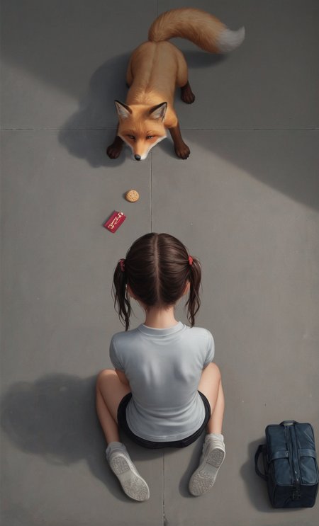 Minimalist style score_9, score_8_up, score_7_up, score_6_up,
Dramatic,Dynamic,Cinematic,Sharp details Insane quality. Insane resolution. Insane details. Masterpiece. 32k resolution
by miyuki_(miyuki0529),  from above,
looking down,
fox animal, fox,
shadow and light, 
concrete floor,
(zooming out:0.8),
a girl sitting on the ground looking at a fox on the ground, with shadows on the ground, schoolbag on the floor, a packet of biscuits on the floor,
 Atey Ghailan, realistic painting, a hyperrealistic painting, hairy art
 <lora:1dkXLP:0.7> <lora:add-detail-xl:2> <lora:43stl1ght1ngXLP2:0.4 . Simple, clean, uncluttered, modern, elegant
