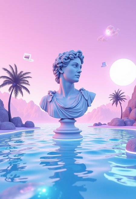 ArsMJStyle, Vaporwave, A vaporwave landscape featuring a classical marble bust floating above a digital ocean, with pixelated waves and a soft gradient sky in shades of pink, purple, and cyan. In the distance, palm trees and retro computer windows hover in the air.