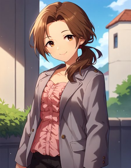 score_9,score_8_up,score_7_up,1girl,solo,cowboy shot,looking at viewer,smile,closed mouth,outdoors,
<lora:kawashimamizuki_ponyXLV6:0.8>,cgkwm,
brown hair,parted bangs,low ponytail,hair over shoulder,brown eyes,
pink frilled shirt,gray jacket