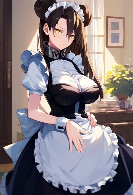 easynegative, score_9,score_8_up,score_7_up,score_6_up,score_5_up,score_4_up, yaegashi nan, poorly lit room, agent, yellow eyes, long hair, hair down, straight hair, large breasts, maid outfit, hand on belly, indoors, livingroom, night sky