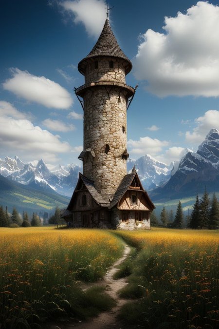 realistic analog photo, award winning photo, 
fantfa, background, mountain, trees, foreground, field, house, farm, farmland, witow, a wizard tower, blue sky
high-quality, crisp, sharp, professional-grade, high-resolution, fine detail, accurate colors, low noise, fast shutter speed, wide dynamic range, precise focus, RAW, highres, 8k, uhd, High Dynamic Range, tonemapping, crisp details,