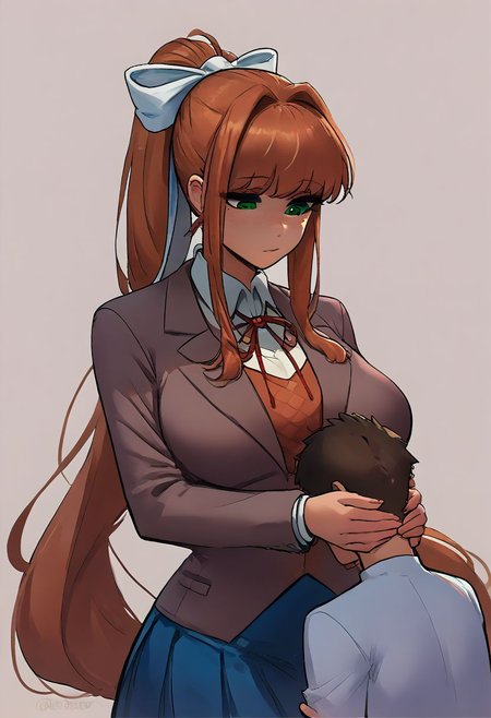 score_9, score_8_up, score_7_up, score_6_up, 1girl, 1boy, duo, monika, brown hair, green eyes, ponytail, very long hair, white bow, blazer, neck ribbon, collared shirt, blue skirt,  larger_female, smaller_male, size_difference, faceless male