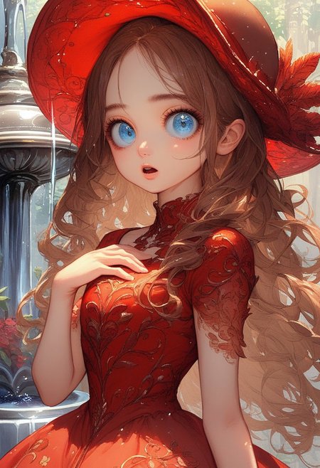 score_9, score_8_up, score_7_up, source_anime,
best quality anime, intricate details, half body shot, 
puffy body, brown long hair, open mouth, looking at viewer, big eyes, light blue eyes,
hand on chest, wearing red fashion cleave dress with red fashion hat, street fountain background