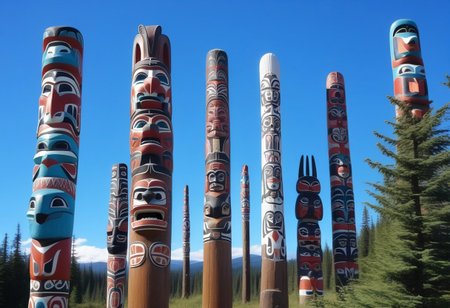 a photograph from the ground, pointing up of  beautifully decorated, intricately carved, beautifully painted, wooden totem poles, native American art, with various totem animals, hares, bears, eagles, and wolves and, stands on a beautiful natural background with land, water, sky and nature present, a realistic, breathtaking tall, wooden totem, nature, natural, absurdres, breathtaking, OverallDetailX, pop Tlingit totem pole, Archi Sculpture Photography