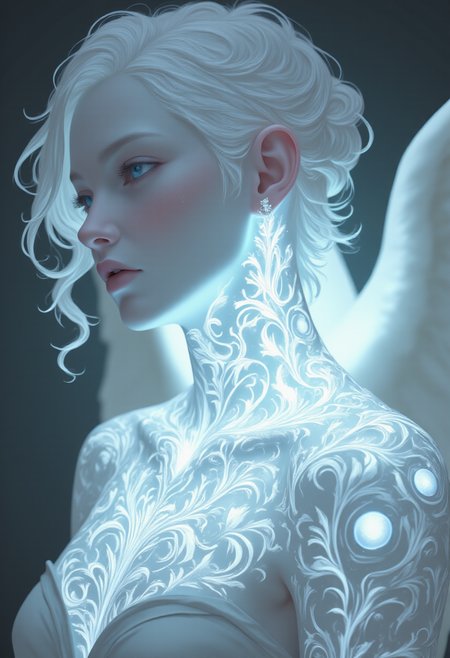 Majestic portrait of an alabaster angel with bioluminescent tattoos of bio ink