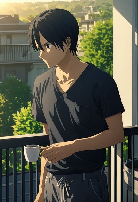 high resolution, professional photography, best quality, 1Boy, Kirigaya Kazuto, Black Hair, Black Eyes, overalldetail, home balcony, morning, soft sunlight, cigarette, coffee, v-neck t-shirt, shorts, potrait, looking away