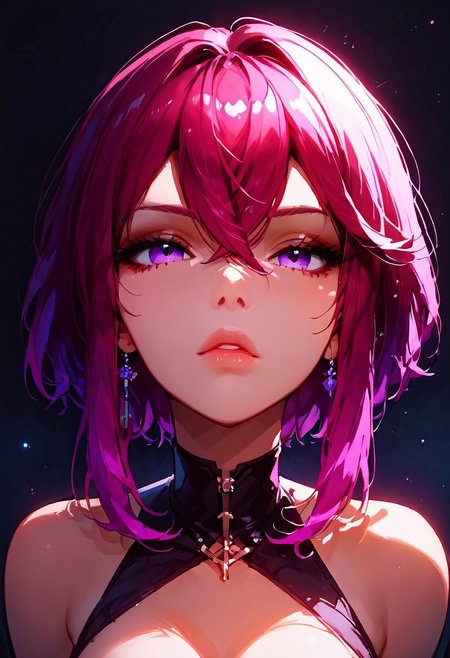 (score_9, score_8_up, score_7_up), 1girl, two-toned hair, purple and red hair, multicolored hair, short hair, (crossed bangs), hair between eyes, sidelocks, perky breasts, cleavage, pretty face, slim eyebrows, purple eyes, <lora:DetailedEyes_V3:1>, beautiful eyes,  (expressionless), (red eyeshadow:0.8), face focus, looking forward, looking straight,close up shot,  night, volumetric lighting, vivid colours, g0thicPXL, glowing, neon, SimpleNegativeV3