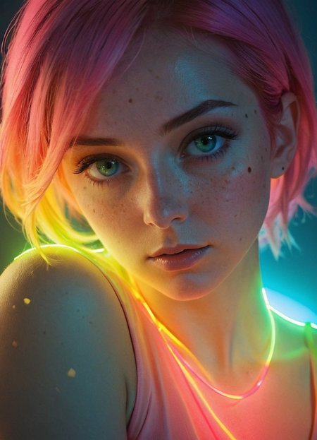 cinematic photo Ombre color scheme of neon pink, neon blue, neon yellow, neon green, neon orange, (semi-real) 32-year-old, middle-aged, woman in summer dress, flowers, anime artwork, grand photograph, Polaroid, annoyed girl, neon glowing hair, canon 5d mark 4, neon light, kodak ektar, feminate, curved lines, elaborate detail, subsurface scattering, ultra hd, 4k, high def, Photorealistic, Hyperrealistic, Hyper detailed, analog style, realistic, masterpiece, best quality, ultra realistic, 8k, Intricate, High Detail, film photography, soft lighting,  heavy shadow <lora:sss:0.8> <lora:add-detail-xl:1> <lora:Cosine_freck:0.33> Freckles, Natural skin <lora:sdxl:0.35> , 35mm photograph, film, bokeh, professional, 4k, highly detailed
