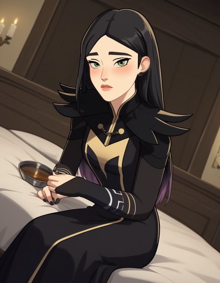 score_9, score_8_up, score_7_up, source_anime, <lora:dragon-prince-claudia-ponyxl-lora-nochekaiser:1>, claudia, long hair, black hair, green eyes, lips,, long sleeves, dress, jewelry, earrings, nail polish, black dress, black nails,, indoors, bed, bed room, on side, blush, drunk, looking at viewer, solo, cowboy shot, dutch angle