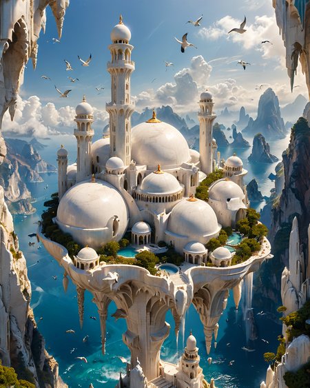 floating fantasy city, shapely white marble towers, reminiscent of the Taj Mahal, ocean, seabirds, mountains, viewed from below, <lora:add-detail-xl:0.8>, <lora:xl_more_art-full_v1:0.5>,  <lora:XSfenlie:1> fenliexl