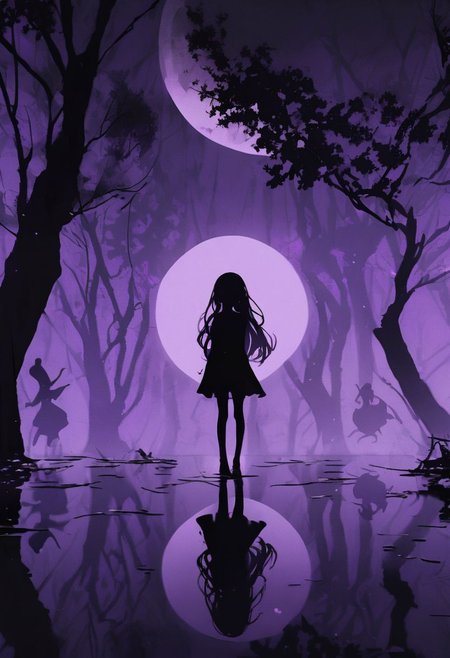 a pitch black setting with a (silhoutte) of a beautiful long haired girl lit up by a purple hue, magical, silhouette, purple theme, purple skies, tree silhouette, eyes closed, ephemeral, reflection, moon <lora:sdxl\add -detail-xl> <lora:sdxl\xl_more_art-full_v1>, small body, petite body, Skinny body