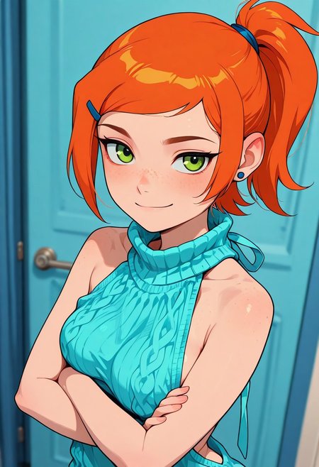 masterpiece, best quality, good quality, very aesthetic, absurdres, newest, 8K, depth of field, focused subject,
 close up, stylized, wabi sabi, 
1girl, Gwendolyn_Tennyson, orange hair, medium hair, ponytail, freckles, cute,
slight smile,
virgin killer sweater,
medium breasts,
dynamic angle, 
standing, arms crossed,
