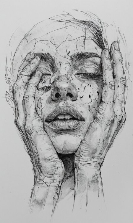Art by Patrick Jones. Shading, Freehand Drawing, Loose Lines, Gestural, Outline. A highly detailed, realistic pencil drawing of a woman's face with cracked skin, created using a blend of realistic and stylized lines. the woman, positioned in the middle of the image, is facing the viewer with her eyes closed and her mouth slightly open, revealing her lips. her hands are pressed against her face, creating a sense of distress and vulnerability. her facial features are detailed and realistic, with a focus on texture and shading. the background is a plain white, allowing the focus to be on the woman's expression and the cracks in her skin. the image is in black and white, with no other objects or features in the background, making it a striking piece of art.