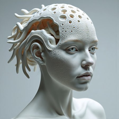 breathtaking Feast your eyes upon this astonishingly lifelike sculpture of a synthetic coral girl, whose organic form has been expertly molded to mimic the complex structure of a neural network. Devoid of hair, her mechanical visage boasts an unsettling yet captivating pattern of trypophobic indentations, drawing the viewer in with a magnetic pull. Crafted from lustrous white porcelain, her flawless skin reflects the soft glow of natural lighting, casting intricate shadows that reveal the staggering level of detail contained within. Boasting razor-sharp focus and hyperrealistic textures, this masterwork pushes the limits of photorealism to previously unexplored heights. Every minute crease and fold has been meticulously reproduced, resulting in an incredibly lifelike representation that seems almost poised to spring forth from the screen. Shot using top-of-the-line DSLR equipment capable of recording in 8K UHD and HDR, this ultra-detailed image possesses a breathtaking clarity and depth rarely achieved in digital media. . award-winning, professional, highly detailed  <lora:scifi/moxiePunk_v20.safetensors:1.0>,  <lora:flux/Realism 2>, <lora:fantasy_portrait_by_cosmic>,