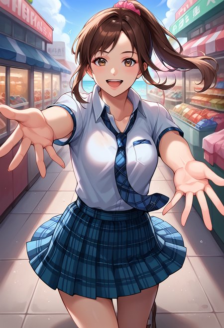 score_9, score_8_up, score_7_up,  source_anime,  BREAK solo, 1 girl,   <lora:HikariMiyamotPony:0.9>, MYMTHKSL, brown hair, brown eyes, ponytail, school uniform, plaid necktie, short sleeves, white shirt, plaid skirt,  collared shirt,  reaching out, reaching towards viewer, flowing skirt, smile, open mouth, beachside, street, store, pov,