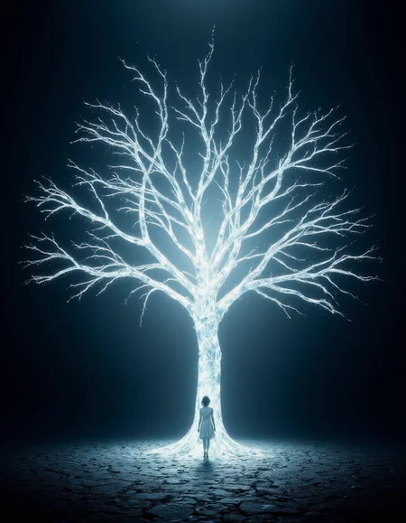 <lora:ck-waterworld:1> transparent, A luminous, ethereal tree, glowing with soft, cool-white light, stands in a cracked, dark-toned landscape.  The tree's branches and trunk are composed of shimmering, translucent lines, resembling a nebula or glowing energy. The roots of the tree extend out to the ground, also composed of bright,  illuminated threads.  A silhouette of a woman in a simple dress is walking towards the center of the tree, creating a sense of quiet contemplation.  The ground is a dark, cracked earth, with the cracks echoing the luminous energy of the tree's roots. The overall aesthetic is dreamlike and mystical, using impressive light effects, creating a sense of otherworldliness and spirituality. The colors are mainly dark blues, whites, and soft, luminous accents, without strong saturated colors. The style is impressionistic with a surreal, dreamlike feel. Very large format. . 35mm photograph, film, bokeh, professional, 4k, highly detailed