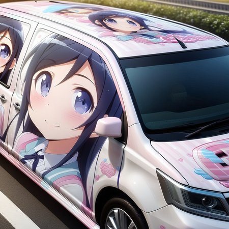 aragaki ayase,smile,vehicle focus, from side(lapping car,print car,painted car style),masterpiece,best quality, very aesthetic, absurdres,  ultra detailed  <lora:Ayase_Aragaki_-_Oreimo:0.7> <lora:lappingcar:1>
