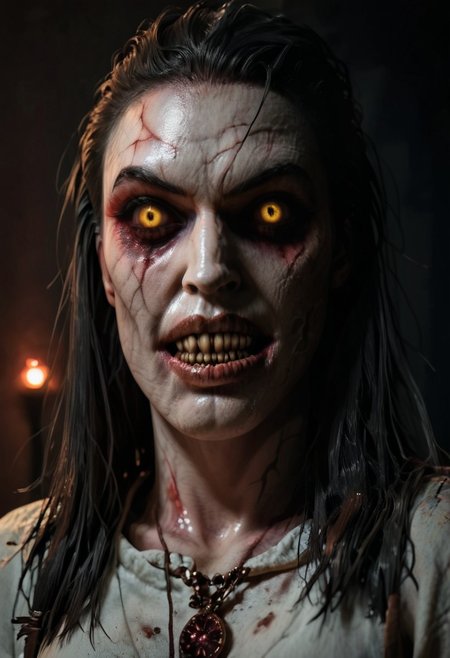 score_9, score_8_up, score_7_up, score_6_up, source_real, source_photo, a 3/4 three-quarters length portrait, WitcherToxinV1 , heavytoxin, veins, black veins, veins, 1girl, deadite woman , female deep one, valak, source_real, source_photo, in the style of the Exorcist movie, exorcist style, a possessed woman, bloodless lips, valak, Body horror, pale body, yellow eyes, long black hair, grey skin, black veins, monster, scary, paranormal, pale, black veins, long tangled black hair, teeth, hands on hips, front view, very pale skin, very pale grimy filthy skin, evil smile, demonic possession. Evil smile, a possessed woman,, yellow eyes, large breasts, hands by side, floating in mid-air, floating above ground, stained filthy white open old-fashioned stained filthy tattered nightgown, stained filthy basic Victorian nightgown, long nightgown,long sleeves, black pupils,  red lighting, bedroom with peeling wallpaper, horror, scary face, monstrous, evil, claws, red lighting, Expressiveh, g0thicPXL, glowing, neon,, zPDXL2, exorcist style