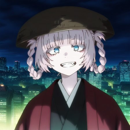 masterpiece, best quality, absurdres, detailed skin, anime colored, anime screencap,
<lora:YofukashiNoUta_NanakusaNazunaXL:0.8>, nanakusa nazuna \(yofukashi no uta\), 
1girl, grin, open mouth,
pink hair, short hair, braid, hair rings, blue eyes, fang, facing viewer,
<lora:kasa:1.2>, ((kasa)), hat,
red haori, 
cityscape, night,