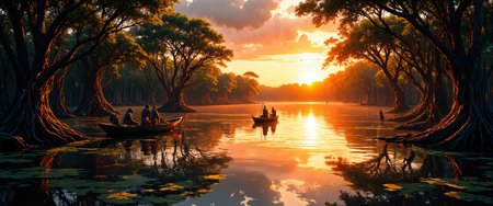 Stunning watercolor painting of the Gambian Mangrove Forest at golden hour, where serpentine waterways wind through dense mangrove trees with their complex root systems partially submerged in glistening brackish water. Vibrant West African sunset casting amber and crimson hues across the tranquil surface, reflecting twisted tree silhouettes. Lush canopy teems with wildlife - colorful sunbirds flutter among branches while playful vervet monkeys observe from above. Distant traditional fishing boats navigate narrow channels through this coastal ecosystem. Atmospheric mist hovers just above water level, creating ethereal depth. Exquisite detailed rendition of aerial root structures breaking water's surface like natural sculptures. 8K detail, masterful brushwork capturing light filtering through leaves, photorealistic water reflections with perfect symmetry, rich emerald and sienna palette characteristic of mangrove biomes. <lora:CPA:0.5> <lora:FluxFantasyDetailerV2:0.7> <lora:New_Fantasy_CoreV4_FLUX:0.8> <lora:é»è²å¹»æ³_1.0:0.4> <lora:flux_dev:1>