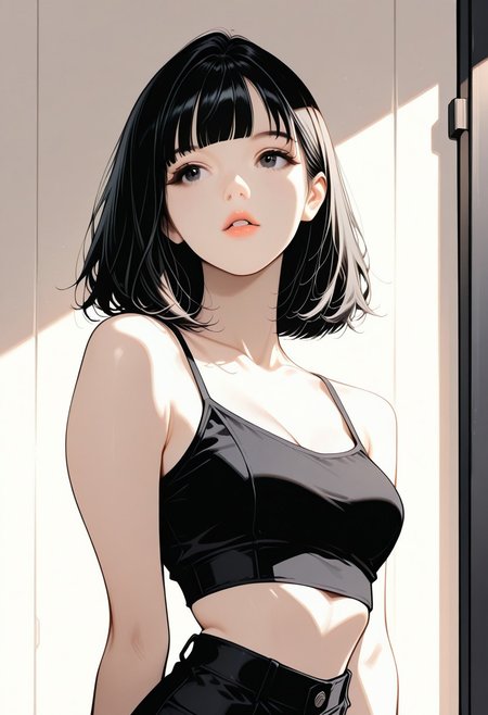 masterpiece, best quality, 32k, high resolution, absurdres, HD32k, masterpiece,  BethStyleRH, nordic girl, 1girl, black hair, blunt bangs, dark eyes, light makeup, slim, medium breasts, posing, soft light, indoor, portrait, face closeup, crop top, standing up, warm light, looking at the viewer, detailed lips, parted lips, flirty