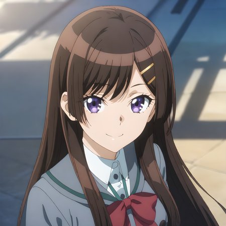 (masterpiece),(best quality),(ultra-detailed),(best illustration),(best shadow),(absurdres),(detailed background),(very aesthetic), otonashi_hibiki, 1girl, solo, brown hair, hair ornament, long hair, smile, hairclip, school uniform, looking at viewer, purple eyes, bow, anime coloring, red bow, bowtie, closed mouth <lora:XL-OtonashiHibiki:1>