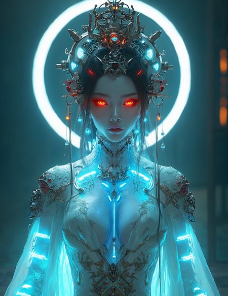  a futuristic, cyberpunk-inspired figure resembling an empress or deity, adorned with intricate, glowing armor and headgear. The character has sharp, red, glowing eyes that stand out against pale skin, giving an intense and otherworldly look. The headpiece is a highly detailed structure featuring mechanical and ornamental elements, with metallic components and neon accents, forming an elaborate crown. A circular neon halo glows behind the figure’s head, enhancing the ethereal and divine atmosphere.

The clothing blends traditional Chinese elements, such as a robe with intricate embroidery, with high-tech, holographic materials. Flowing translucent fabrics are illuminated with bright blue lights, creating a striking contrast against the dark background. The overall aesthetic is a powerful combination of ancient Chinese culture and futuristic cybernetic design.